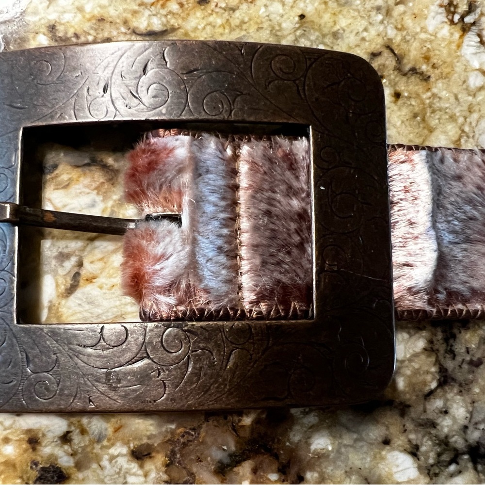 Vintage Elite Accessories Faux Leather and Fur Belt, Oversized Buckle, Medium